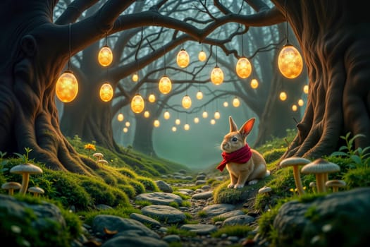 A magical forest glows with suspended Easter egg lanterns as a bunny in a red scarf explores. Fairy lights twinkle over mossy stones, mushrooms, and ancient trees, creating an enchanting scene.
