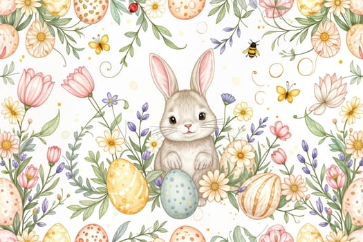 A cute Easter bunny peeks from behind wildflowers and pastel eggs in a seamless spring pattern. Hand-drawn digital illustration with soft painterly textures, perfect for festive designs and decorations
