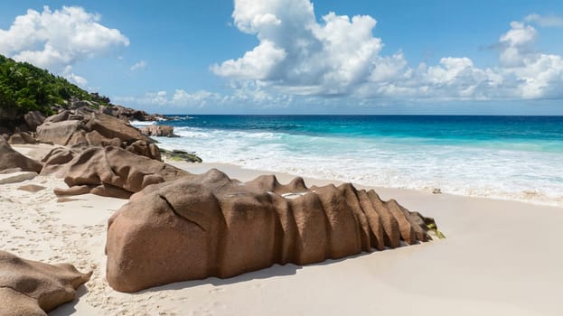 Granite rocks and tropical plants by the white sandy beach. Anse Cocos beach. La Digue, Seychelles.