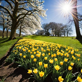 spring yellow flowers trees blue sky nature green grass bright colors flora alt illustration card season march. High quality 3d illustration generated ai alt