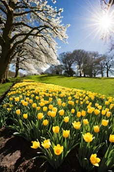 spring yellow flowers trees blue sky nature green grass bright colors flora alt illustration card season march. High quality 3d illustration generated ai alt