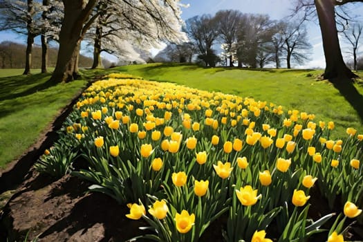 spring yellow flowers trees blue sky nature green grass bright colors flora alt illustration card season march. High quality 3d illustration generated ai alt