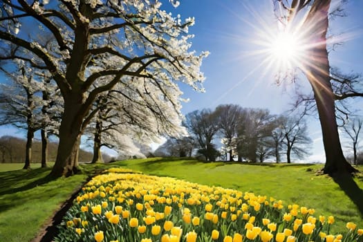 spring yellow flowers trees blue sky nature green grass bright colors flora alt illustration card season march. High quality 3d illustration generated ai alt