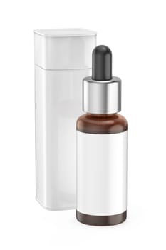 Brown glass dropper bottle with white blank label in front of white box