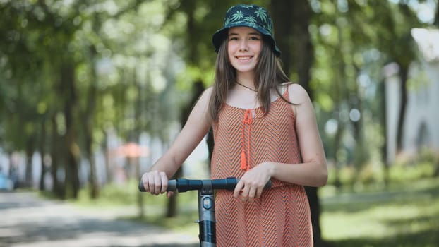 Young person gliding through green park on electric scooter, experiencing eco friendly urban mobility with youthful energy