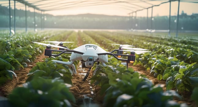 Smart Farm With Robot, Flying Drone Above Growing And Harvesting Vegetables In Greenhouse With Field And Sky Background. Innovative Technology, Agriculture Concept. Ai Generated. Horizontal Plane.