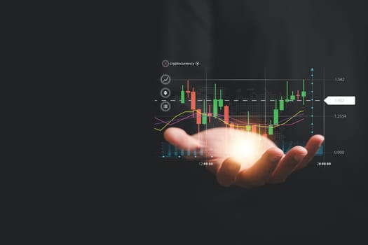 Close-up view, Investor or trader man exhibits a hologram of a stock growing chart on his palm. Stock market data analysis, strategic planning, and business growth concepts. Embrace the future.