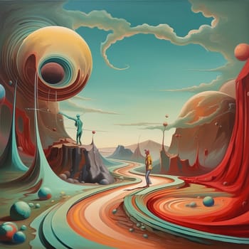 Psychedelic Poster with fantastic landscapes, mystical characters. AI Generated