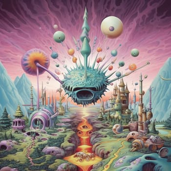 Psychedelic Poster with fantastic landscapes, mystical characters. AI Generated