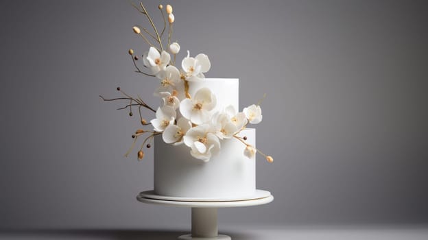 Simple white wedding cake with glaze and flowers on a gray background. AI