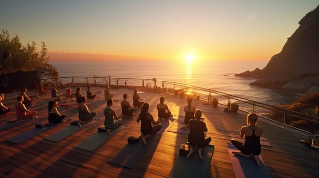A beachfront yoga session at dawn ultra realistic illustration - Generative AI. Beach, yoga, people, sunset.