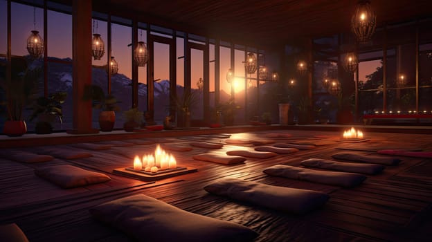 A candlelit yoga studio ultra realistic illustration - Generative AI. Yoga, studio, candles, mat.