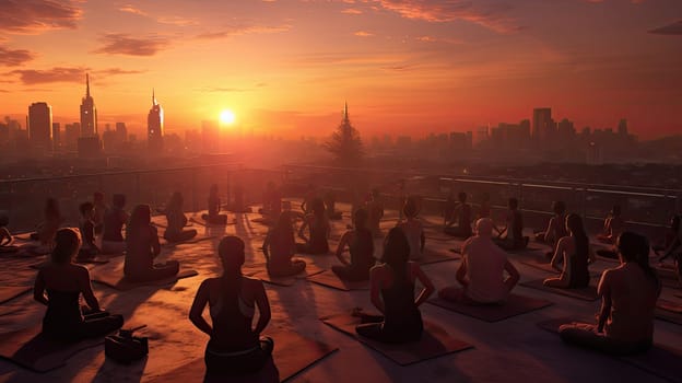 A group of yogis on a rooftop ultra realistic illustration - Generative AI. Rooftop, yoga, people, sunset, cityscape.