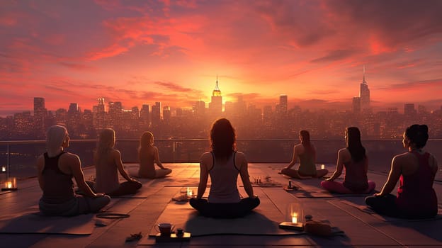 A group of yogis on a rooftop ultra realistic illustration - Generative AI. Rooftop, yoga, people, sunset, cityscape.