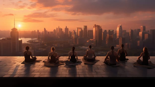 A group of yogis on a rooftop ultra realistic illustration - Generative AI. Rooftop, yoga, people, sunset, cityscape.