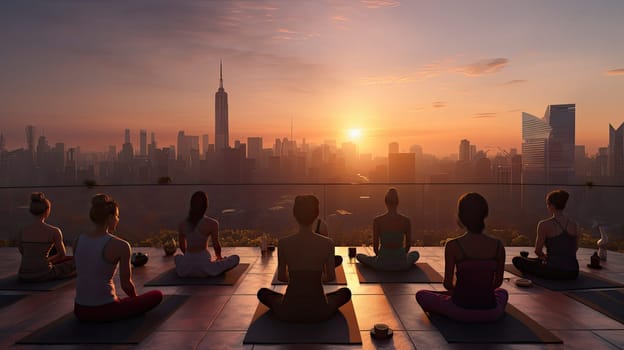 A group of yogis on a rooftop ultra realistic illustration - Generative AI. Rooftop, yoga, people, sunset, cityscape.