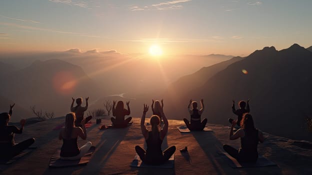 A mountaintop yoga practice ultra realistic illustration - Generative AI. Mountain, yoga, sunrise, people.