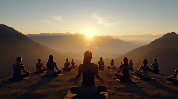 A mountaintop yoga practice ultra realistic illustration - Generative AI. Mountain, yoga, sunrise, people.