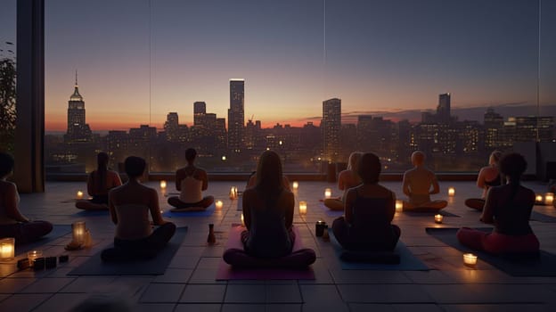 A rooftop yoga class at dusk ultra realistic illustration - Generative AI. Cityscape, yoga, people, dusk.