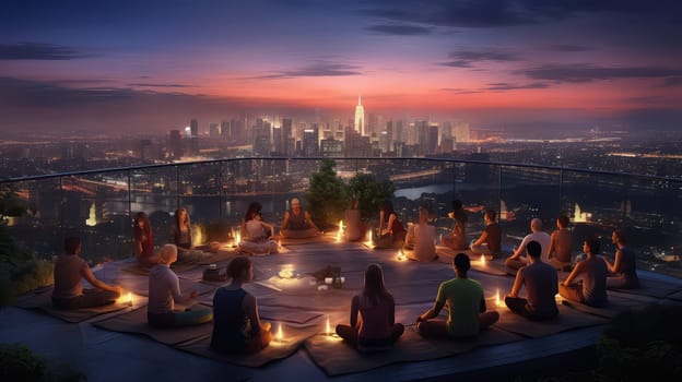 A rooftop yoga class at dusk ultra realistic illustration - Generative AI. Cityscape, yoga, people, dusk.