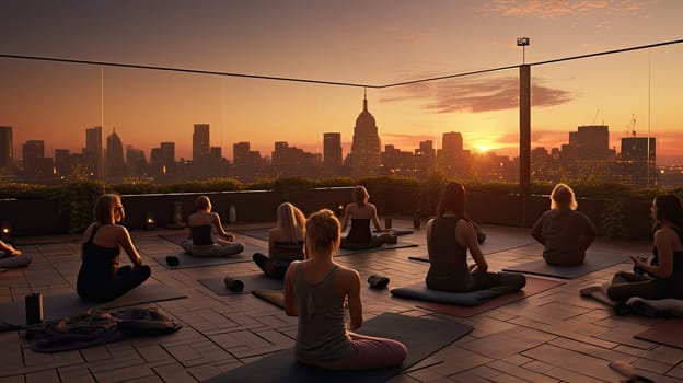 A rooftop yoga class at dusk ultra realistic illustration - Generative AI. Cityscape, yoga, people, dusk.