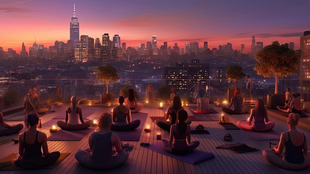 A rooftop yoga class at dusk ultra realistic illustration - Generative AI. Cityscape, yoga, people, dusk.