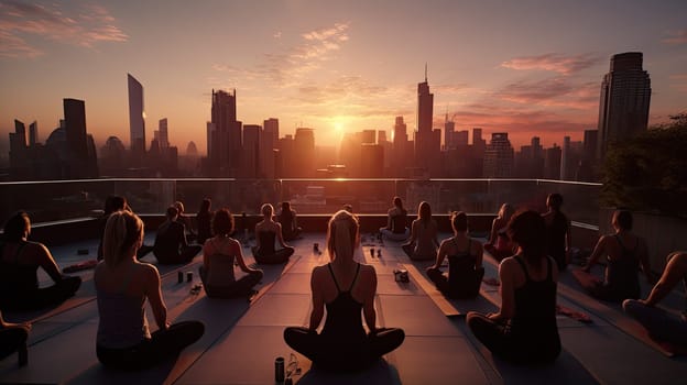 A rooftop yoga class in the heart of the city ultra realistic illustration - Generative AI. Yoga, class, cityscape, skyscraper.