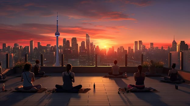 A rooftop yoga class in the heart of the city ultra realistic illustration - Generative AI. Sunset, yoga, cityscape, skyscraper.