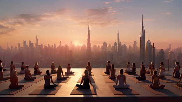 A rooftop yoga class in the heart of the city ultra realistic illustration - Generative AI. Sunset, yoga, cityscape, skyscraper.