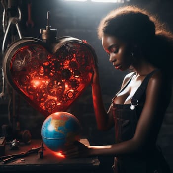 young woman artisan alchemist repair geared glow steampunk heart in dark workshop - love concept generative ai art