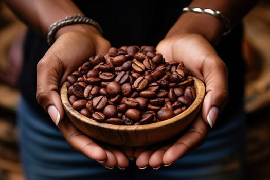 Dark skinned woman holding a bowl of coffee beans in her hands. Coffee harvesting concept. Generated by artificial intelligence
