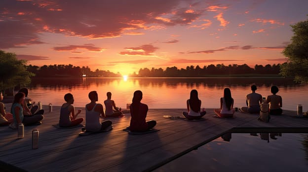 A serene lakeside yoga class at sunset ultra realistic illustration - Generative AI. Lake, mountain, yoga, class, tree.