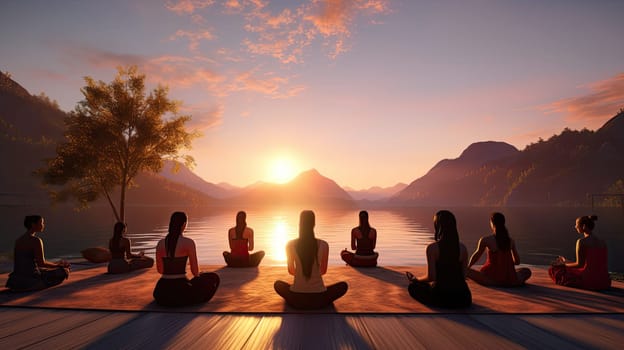 A serene lakeside yoga class at sunset ultra realistic illustration - Generative AI. Lake, mountain, yoga, class, tree.