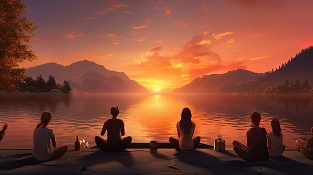 A serene lakeside yoga class at sunset ultra realistic illustration - Generative AI. Lake, mountain, yoga, class, tree.