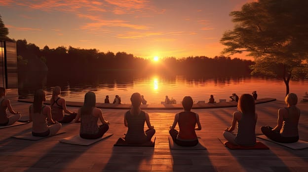 A serene lakeside yoga class at sunset ultra realistic illustration - Generative AI. Lake, mountain, yoga, class, tree.