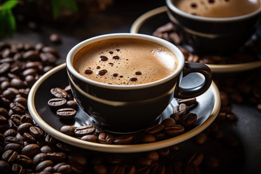 Cup of black coffee on a saucer with coffee beans. Generated by artificial intelligence