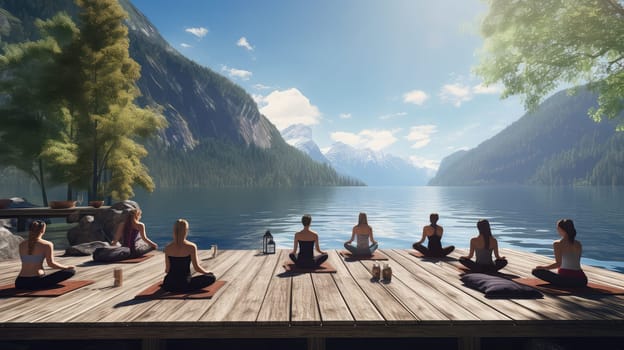 A serene lakeside yoga session ultra realistic illustration - Generative AI. Yoga, class, mountain, lake.