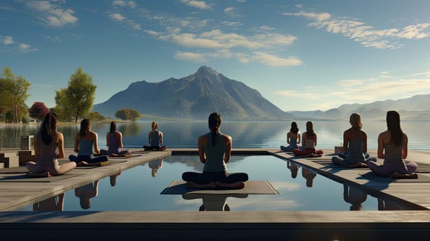 A serene lakeside yoga session ultra realistic illustration - Generative AI. Yoga, class, mountain, lake.