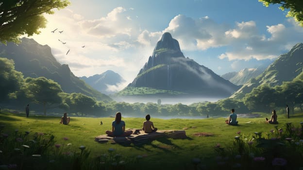 A serene yoga session in a lush green meadow ultra realistic illustration - Generative AI. Woman, yoga, position, mountain, lake.