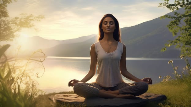A serene yoga session in a lush green meadow ultra realistic illustration - Generative AI. Woman, yoga, position, mountain, lake.