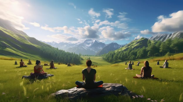 A serene yoga session in a lush green meadow ultra realistic illustration - Generative AI. Woman, yoga, position, mountain, lake.