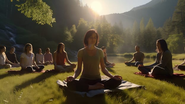 A serene yoga session in a lush green meadow ultra realistic illustration - Generative AI. Woman, yoga, position, mountain, lake.