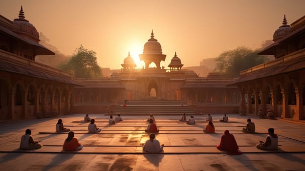 A serene yoga session in a temple courtyard ultra realistic illustration - Generative AI. Courtyard, yoga, pose, people, sunshine.