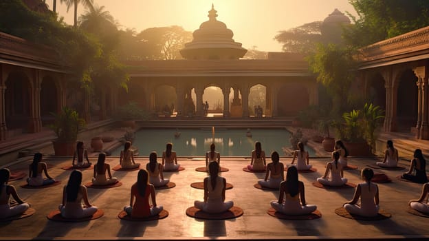 A serene yoga session in a temple courtyard ultra realistic illustration - Generative AI. Courtyard, yoga, pose, people, sunshine.