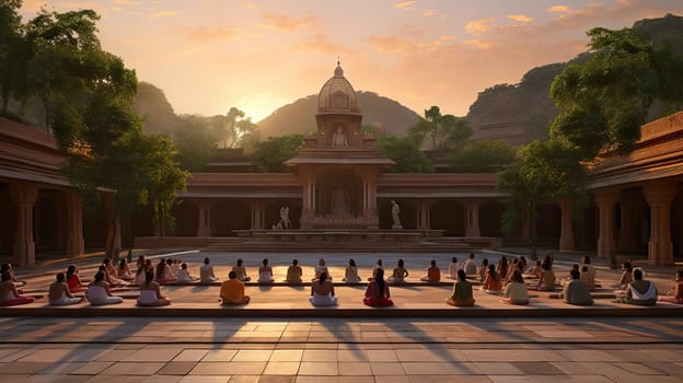 A serene yoga session in a temple courtyard ultra realistic illustration - Generative AI. Courtyard, yoga, pose, people, sunshine.