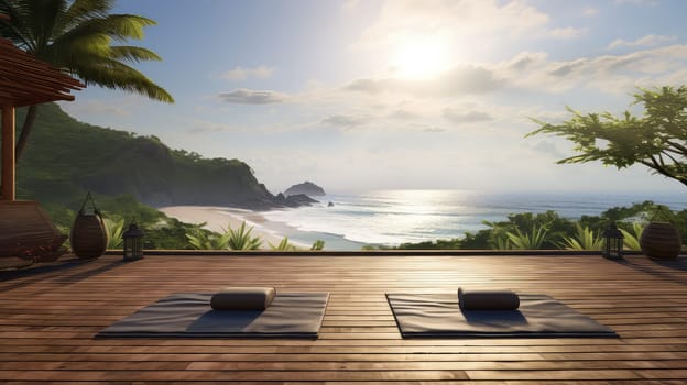 A tranquil beachfront yoga session ultra realistic illustration - Generative AI. Beach, palms, islands, mat.
