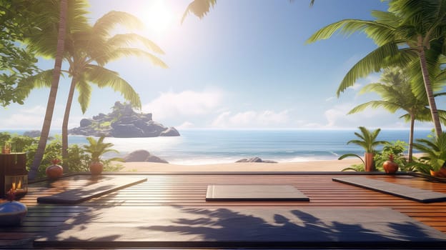 A tranquil beachfront yoga session ultra realistic illustration - Generative AI. Beach, palms, islands, mat.