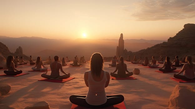 A tranquil desert yoga practice ultra realistic illustration - Generative AI. Desert, yoga, people, sunset.