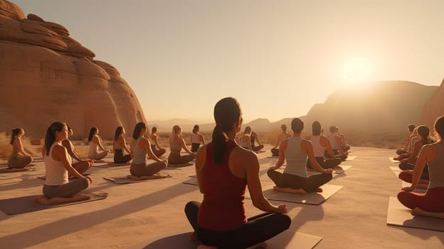 A tranquil desert yoga practice ultra realistic illustration - Generative AI. Desert, yoga, people, sunset.