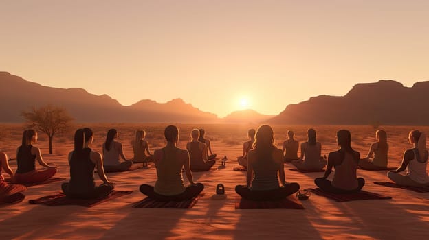 A tranquil desert yoga practice ultra realistic illustration - Generative AI. Desert, yoga, people, sunset.